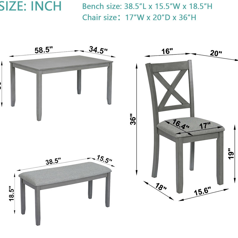 Table de salle à manger 6 en bois avec chaises et banc gris