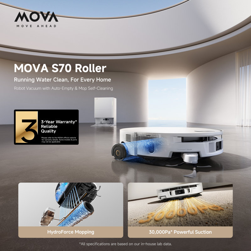 MOVA S70 Roller Robot Vacuum and Mop, HydroForce Mopping with 4700Pa Downward Pressure, 30,000Pa Suction, 90mm Ultra Slim Body, MaxiReach Edge-to-Edge Cleaning, Auto 80°C Self-Cleaning Roller Mop