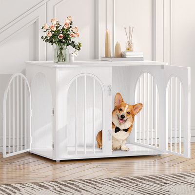 Dog Crate Furniture, 80 cm Wooden Dog Crate, Indoor Kennel for Small/Medium Dogs, End Side Table Animal Crates, Anti-Chew, Anti-Escape, Arched Door Design