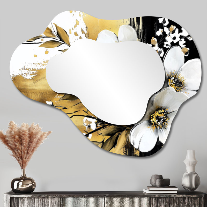 Pétunias dorés sur marbre foncé - miroir décoratif asymétrique Petunias, miroir mural irrégulier traditionnel, imprimé sur métal