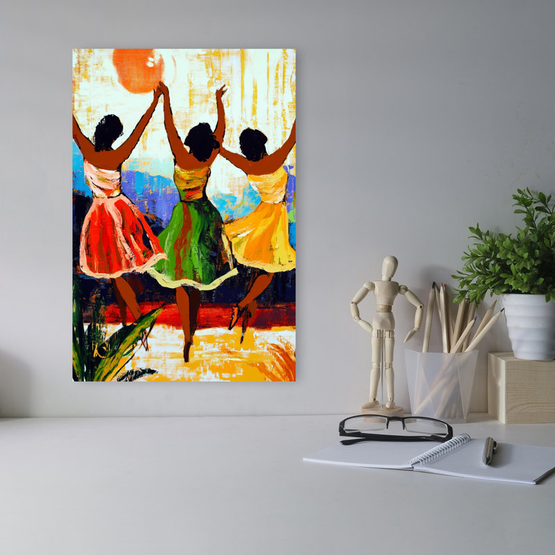«Joyful Dancing Women», art abstrait coloré et coloré, paysage d'été, 18" H x 12" W