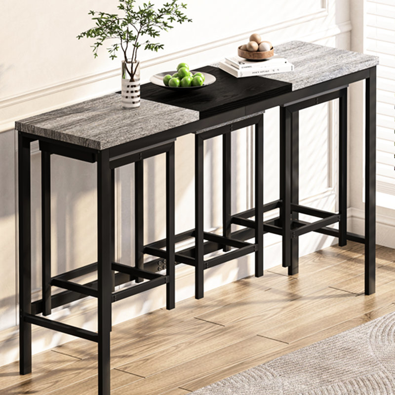 Grey + Black Dining Table With 3 Stools, Color - Blocking Tabletop, Easy Assembly, Space Saving Hanging Stool For Small Bars Long And Stools In Black, Construction, Compact Areas, Design