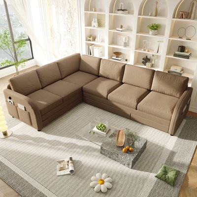 115.2" L-Shaped Sofa Couch with Pull-Out Bed, Oversize Convertible Sleeper Sofa with side Pocket & USB Port, Sherpa Fleece with Convert Left/Right Facing