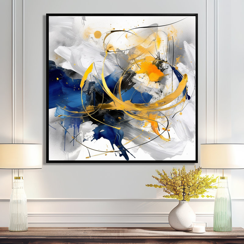 «Dark Blue and Gold Strokes», reproduction sur toile encadrée, 44" H x 44" W, Reproduction avec cadre flottant, Noir