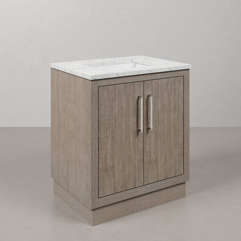 Ensemble de meuble-lavabo de comptoir en marbre blanc Carrara de 30 po Overt Surf en chêne gris avec robinet, Chrome