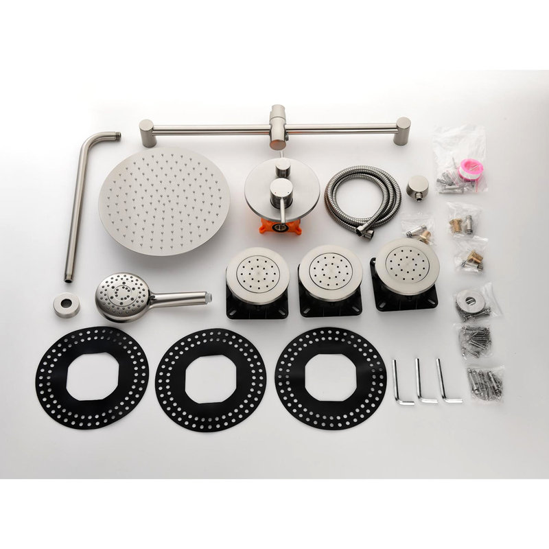 Ensemble de douche élégant en nickel brossé: tête, douche à main, barre coulissante, jets de corps, bras, système de garniture de valve avec option: