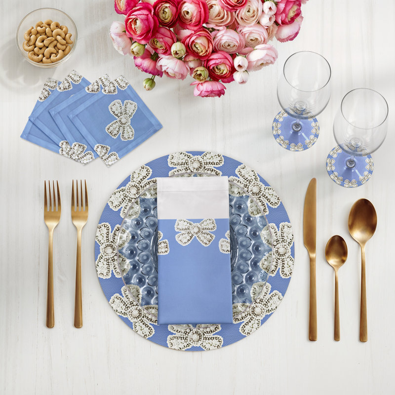Pearl Bow Vegan Leather Round Pebble Placemat, Blue