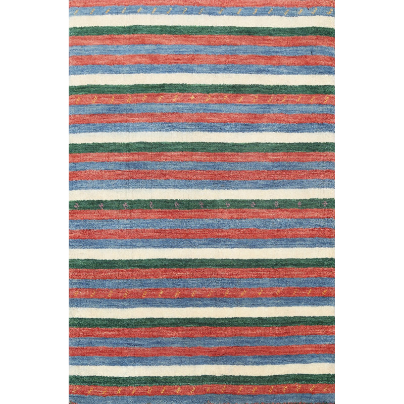 Tapis unique en laine noué à la main beige / rouge / bleu nouvel âge 2 pi 1 po x 3 pi