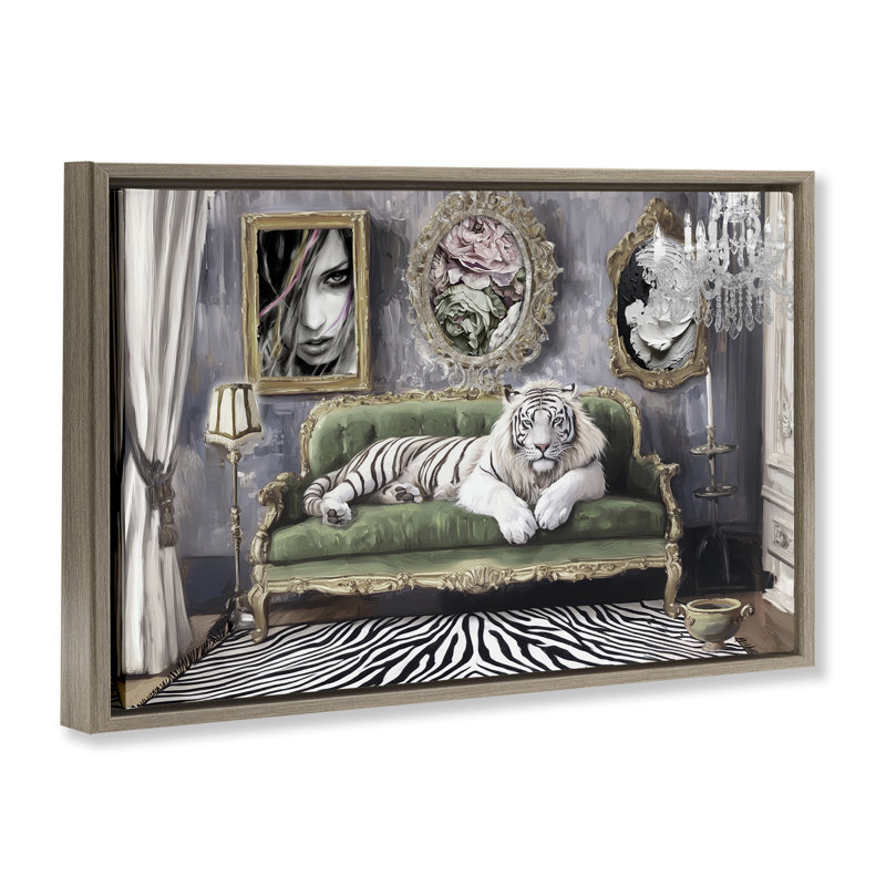 Art mural sur toile flottant encadré doré "Languid Tiger in Opulent Space", conception par Annabelle Hall, H 17 po x l 25 po