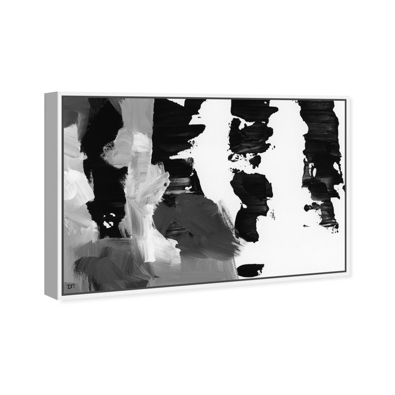 «Pronto Black and White», peinture sur toile, H 16 po x l 24 po, Cadre flottant blanc
