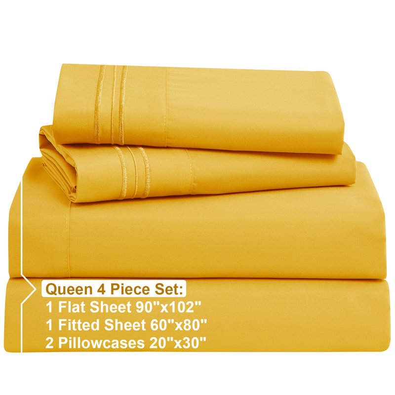 Microfiber Solid Colour Sheet Set, Yellow, Queen Sheet Set + Fitted Sheet + 2 Pillowcases