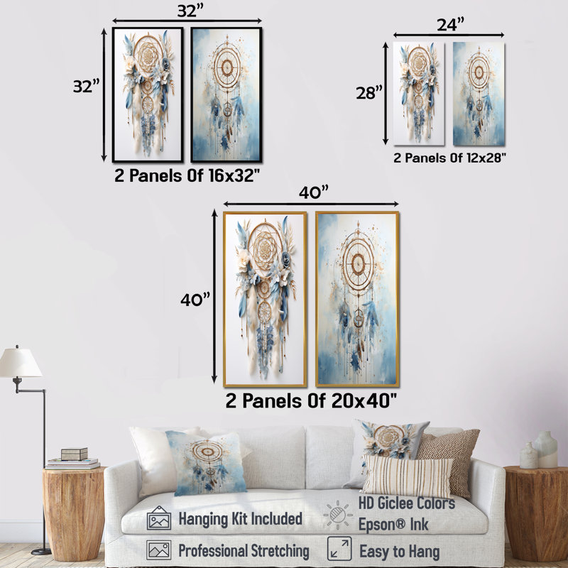Capteur de rêves blanc et bleu Tranquility - Dream Catcher Wall Art, ensemble de 2, Cadre blanc, H 40 po x l 41 po
