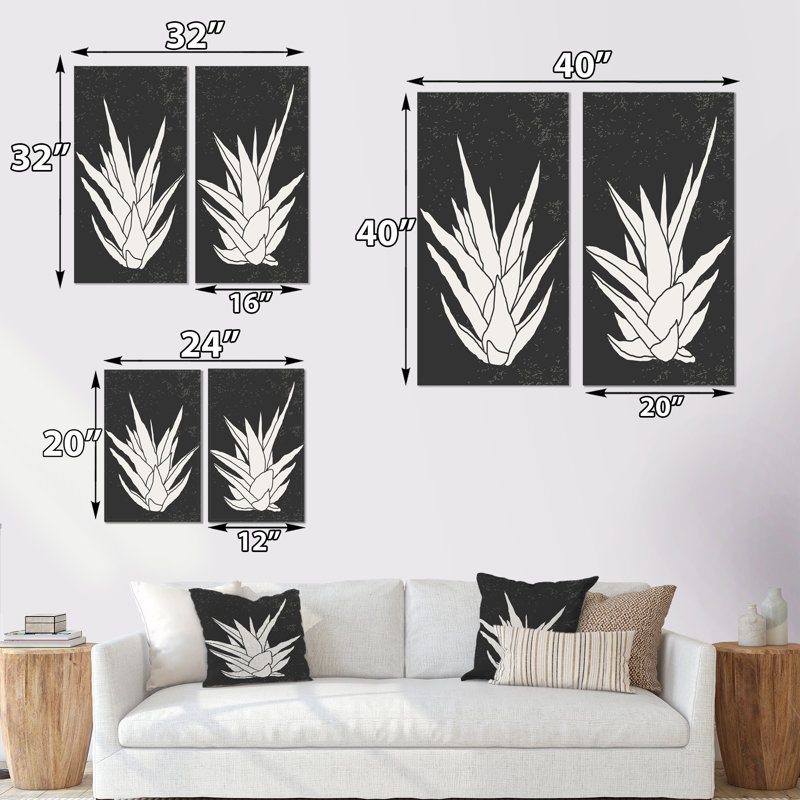 Branche botanique blanche et noire avec feuilles I - ensemble de 2 peintures, Toile tendue, H 32 po x l 32 po x P 1 po
