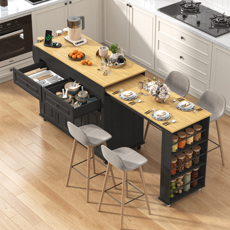 80.63" Extendable Kitchen Island With Power Outlet, 2 Storage Drawers, Open Shelves, Black