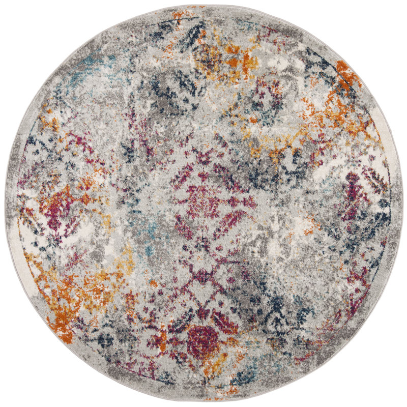 Tapis abstrait gris clair / fuchsia Christa, Rond 6 pi 7 po