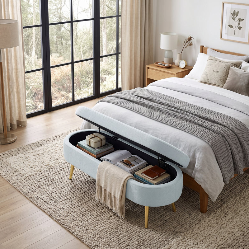 Banc de rangement élégant avec repose-pieds ovale - Siège polyvalent et rangement caché pour la vie moderne, Cyan
