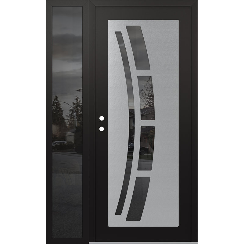 C12 droitier 48 po X 80 po Panneau d'entrée en verre argenté noir et noir à panneau avec porte d'entrée avant en verre à miroir