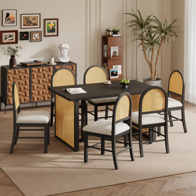 7 - Piece Dining Set, Rectangular Dining Table and 6 Upholstered Dining Chairs, Oak Veneer Top, Double Pedestal, Modern, Dining Room