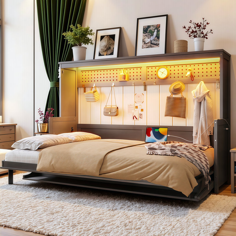 Lit escamotable double avec bureau intégré, charge USB et lumières DEL - Lit mural peu encombrant pour les petites pièces, les bureaux à domicile et les espaces invités