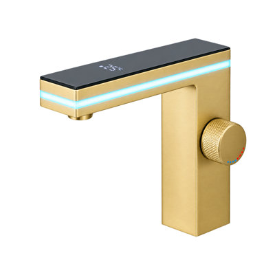 Robinet de salle de bain numérique à affichage numérique de la température dorée, robinet de lavabo à DEL Mosson avec poignée moletée
