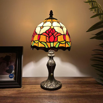 Tiffany Mini Table Lamp Stained Glass Tulips Pull Chain Swtich LED Bulb Included 8"D*8"W*15"H