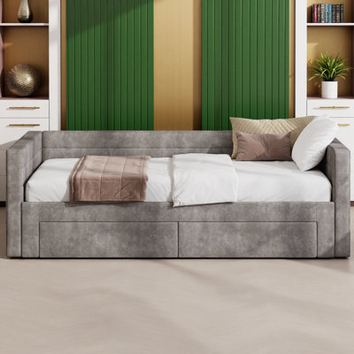 Twin Size Upholstered Extendable Daybed Frame with Trundle and Storage Drawers, Space-Saving Twin to King Chenille Fabric Sofa Bed for Living Room, Gu by Latitude Run