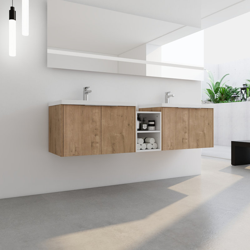 Meuble-lavabo 72 po à fermeture en douceur avec lavabo, Imitation chêne