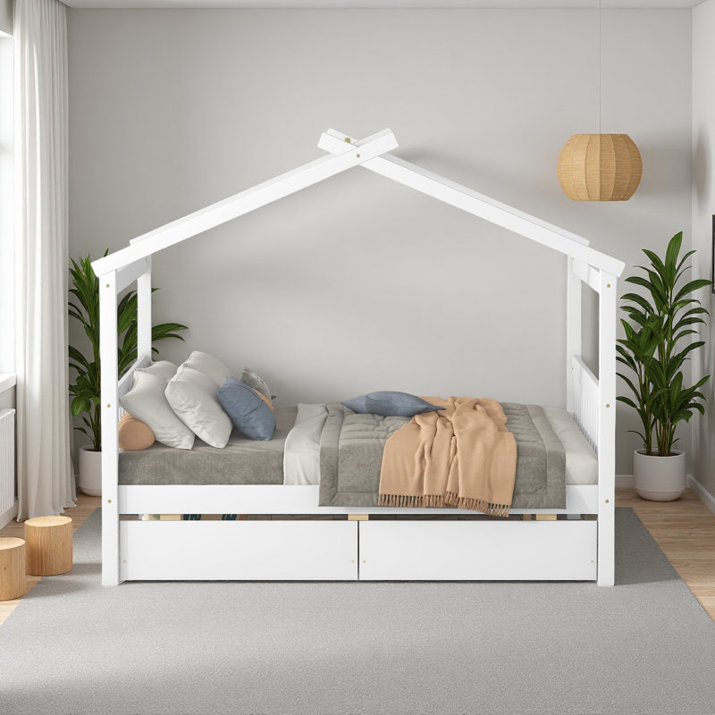 Lit en bois avec tiroirs, Lit double, Blanc