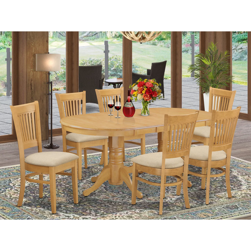 7 Piece Kitchen Table Set Consist of an Oval Dining Table with Butterfly Leaf and 6 Linen Fabric Dining Room Chairs, Oak, Oak