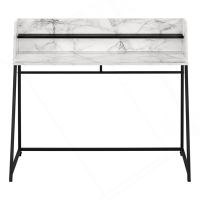 Bureau d'ordinateur moderne avec huche, tablettes de rangement et base en métal robuste pour des espaces de travail à domicile efficaces.