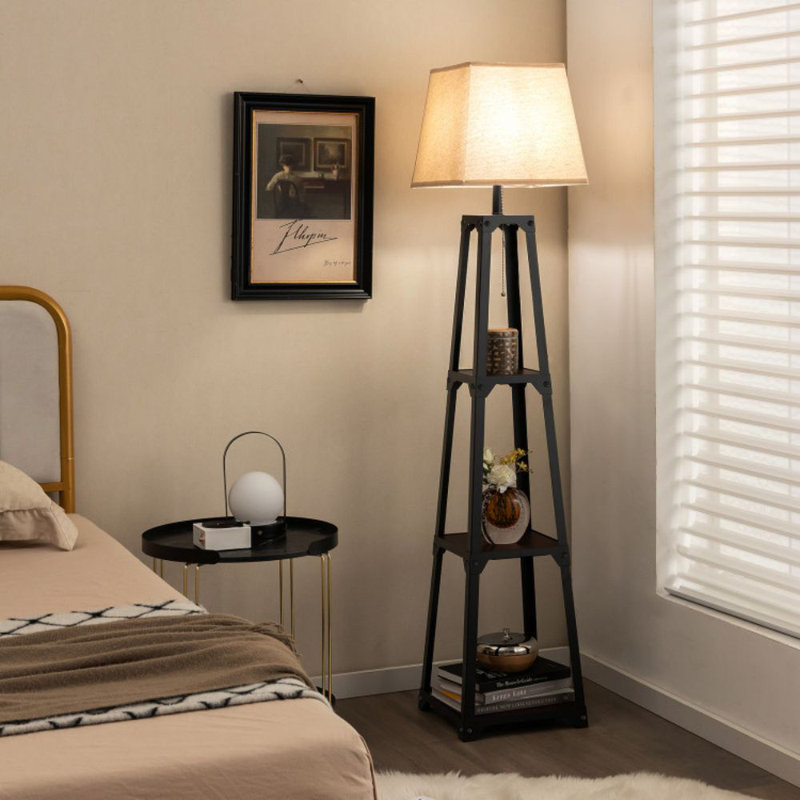 Trapezoidal Designed Floor Lamp With 3 Tiered Storage Shelf