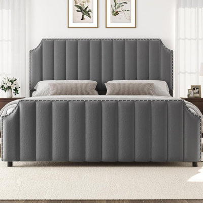 King/Queen Size Platform Bed Frame, Upholstered Bed Frame with Vertical Channel Tufted Headboard & Footboard