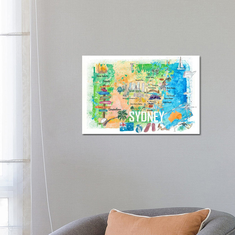 Sydney Australia Illustrated Map With Main Roads Landmarks And Highlights by Markus & Martina Bleichner - Wrapped Canvas Gallery-Wrapped Canvas Giclée