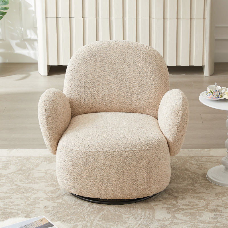 35" W Upholstered Armchair 360° Swivel Barrel Chair, Beige Boucle
