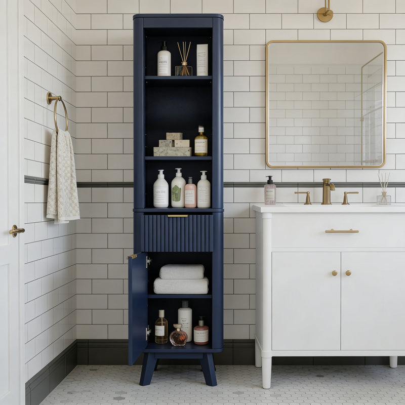 68" H Tall Bathroom Storage Cabinet with  Adjustable Shelves and One Drawer & Door, Blue