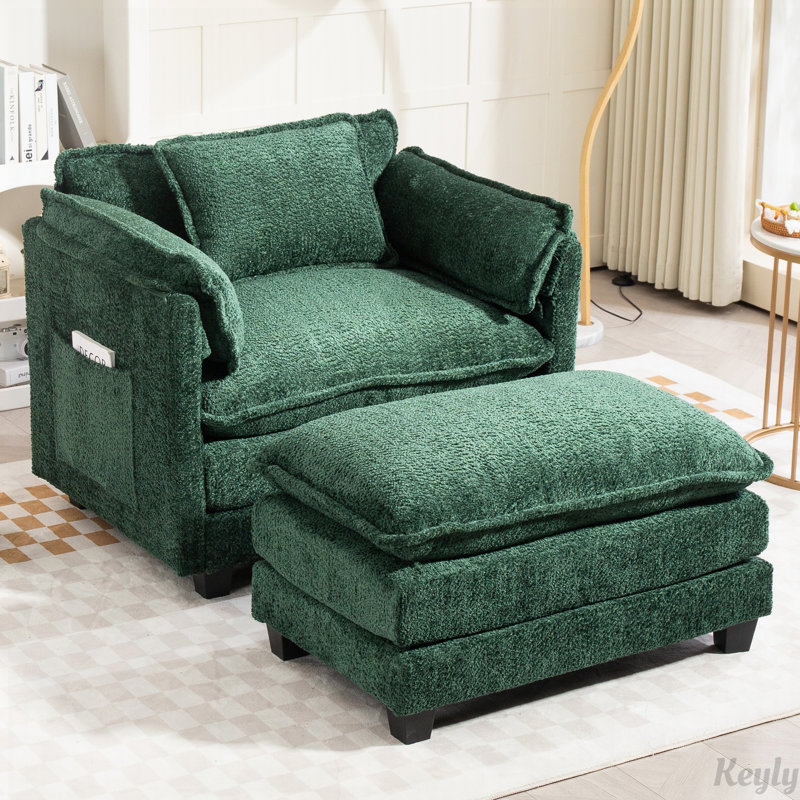 Fauteuil simple surdimensionné de 39,76 po avec repose-pieds Boucle, Dark Green Boucle