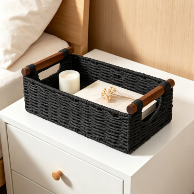 Organisateur de plateau de panier de toilette en osier tissé à la main avec poignée découpée, panier de rangement décoratif mince pour comptoir, tablettes, décor de maison rustique, salon, organisation de chambre de bébé