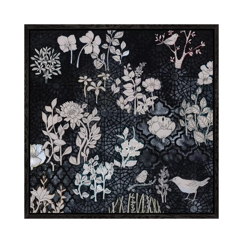 Pale Grey Botanical On Black by Miri Eshet - Print on Canvas, Black Framed, 66.04 cm H x 66.04 cm W