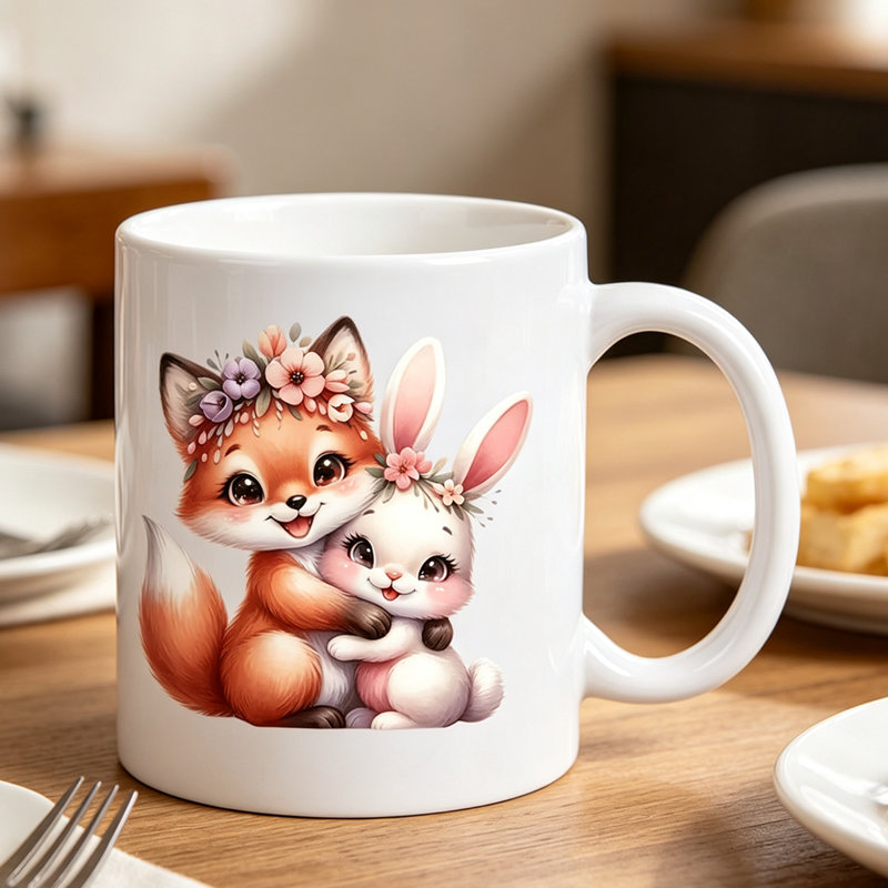 Charming Fox & Rabbit Ceramic Coffee Mug - Adorable Animal Design, Reusable & Hand-Wash Only - Perfect Gift for Coffee Lovers.