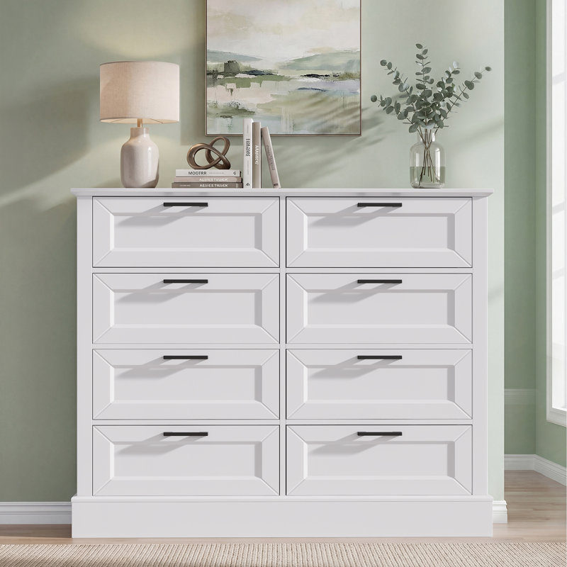 Commode de style champêtre de 107 cm de large avec 8 tiroirs pour chambre et salon, meuble de rangement moderne blanc avec poignée en métal