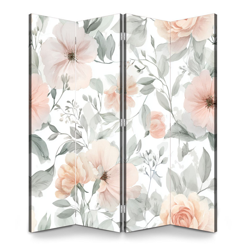 Paravent pliant à 4 panneaux, séparation de pièce, motif floral délicat couleur pêche douce, style aquarelle, en toile, séparateur de pièce autoportant, cloison de protection pour plus d'intimité