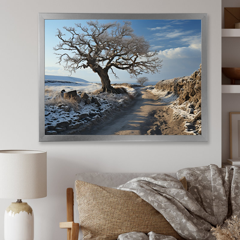 Paysage campagne d'hiver sur toile, Cadre simple argenté, H 16 po x l 32 po x P 1 po