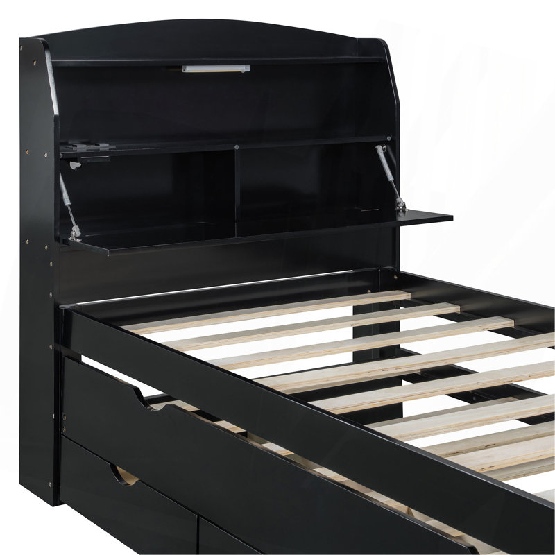 Lit plateforme simple en bois avec lit gigogne, tête de lit et tiroirs, Lit simple, Brun
