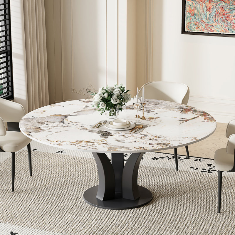 59.06'' Modern Round Dining Table, White Glossy Sintered Stone Tabletop, Black Stainless Steel Legs for 6-8 Person