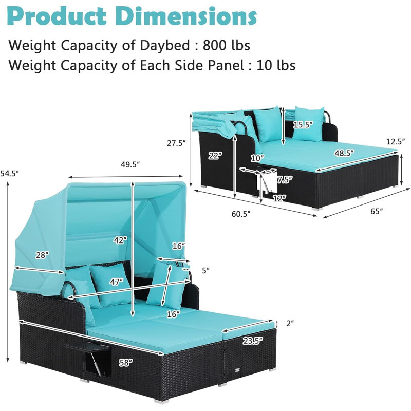 Lit de jour de patio en rotin avec auvent rétractable, chaise longue en osier Patiojoy avec 2 panneaux latéraux pliables, coussins de siège et de dossier épais, pour le jardin, la cour arrière, le porche (turquoise)