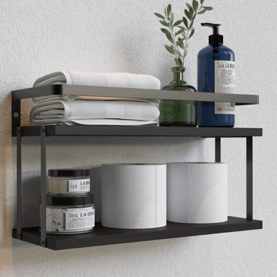Rustic Wood Bathroom Shelf Wall Mounted, Over Toilet Paper Storage Shelves For Bathroom Wall Decor, Bathroom Organizers And Kitchen Storage - Black