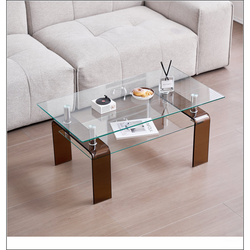Tempered Glass Coffee Table, Modern Glass Coffee Table for Living Room, 2-Tier Storage Centre Coffee Table with Legs