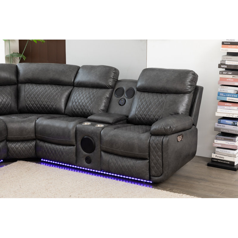 Palerem 98.5" Wide Vegan Leather Power Reclining Sectional with LED, USB and SubWoofer Sound System, Gray Faux Leather
