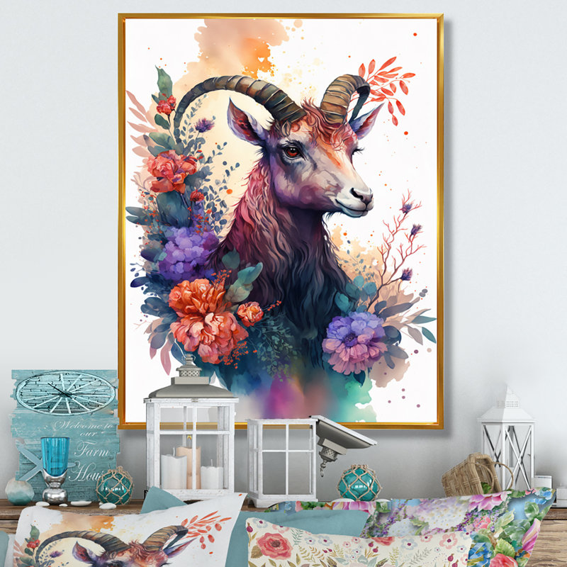 «Cute Goat Floral Art I», peinture sur toile, H 32 po x l 16 po x P 1 po, Toile avec cadre flottant or