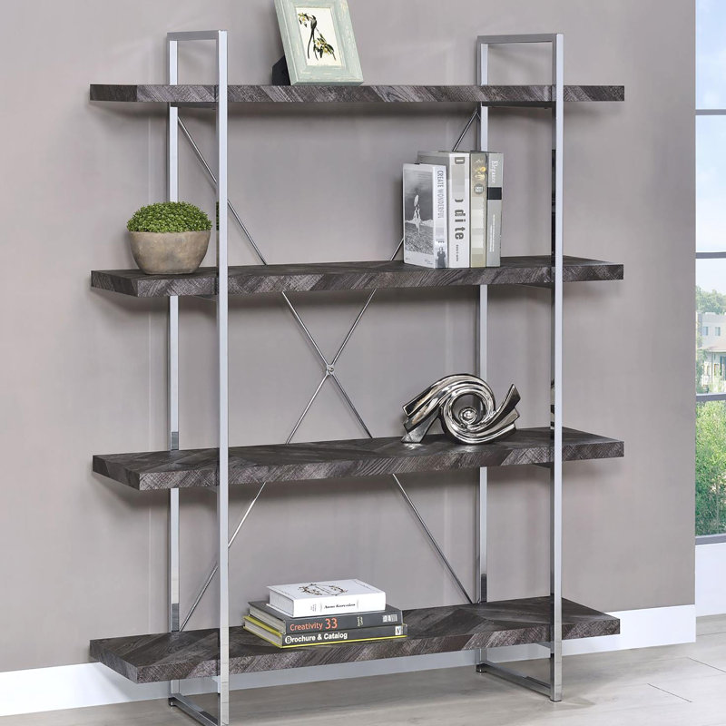 Bibliothèque à 4 tablettes à chevrons gris rustique, structure en métal, pour décoration intérieure chevrons avec 4 tablettes, articles de maison contemporains